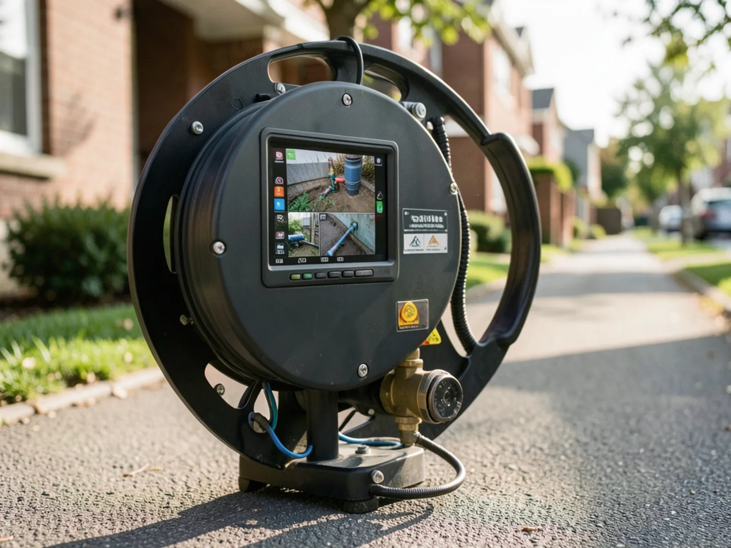 Fiberglass sewer camera reel feeding flexible probe into a cleanout pipe